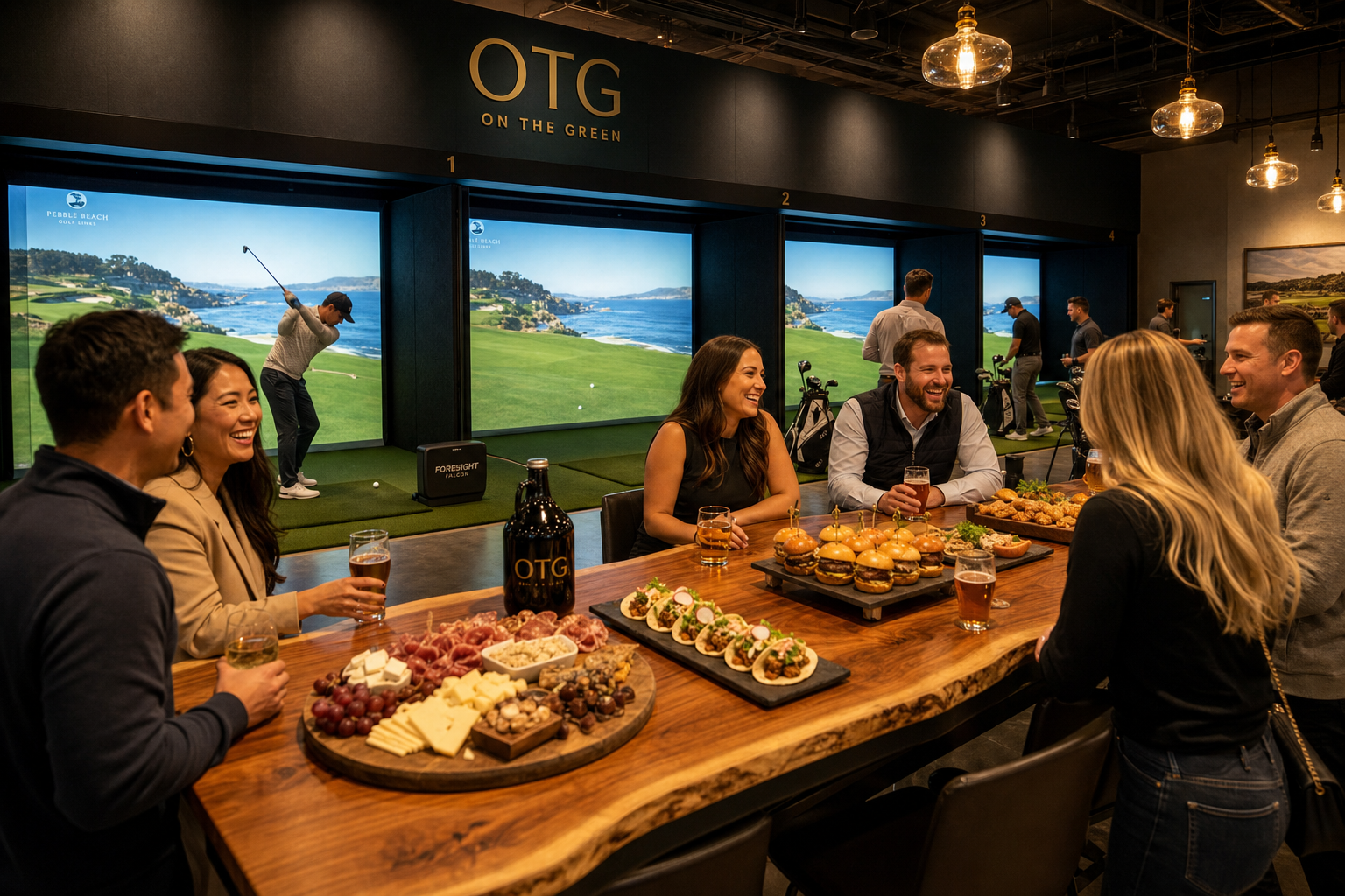 A private evening at OTG: guests gathered around a live-edge table with charcuterie, sliders, and drinks while others play the Foresight Falcon simulator bays in the background.