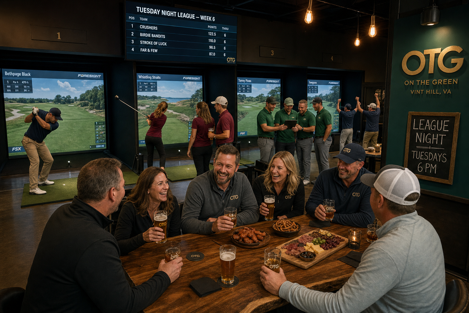 Tuesday Night League at OTG — players celebrating with teammates around the table while standings display overhead