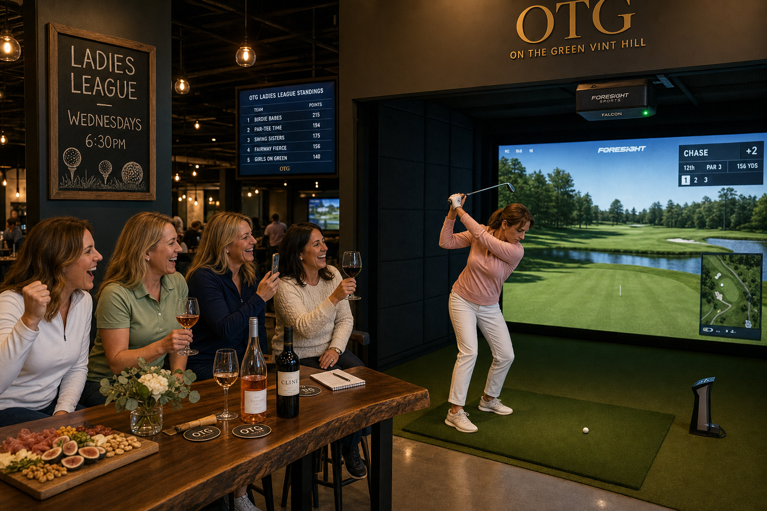 Ladies League at OTG — players cheering on a teammate mid-swing on the Foresight Falcon simulator