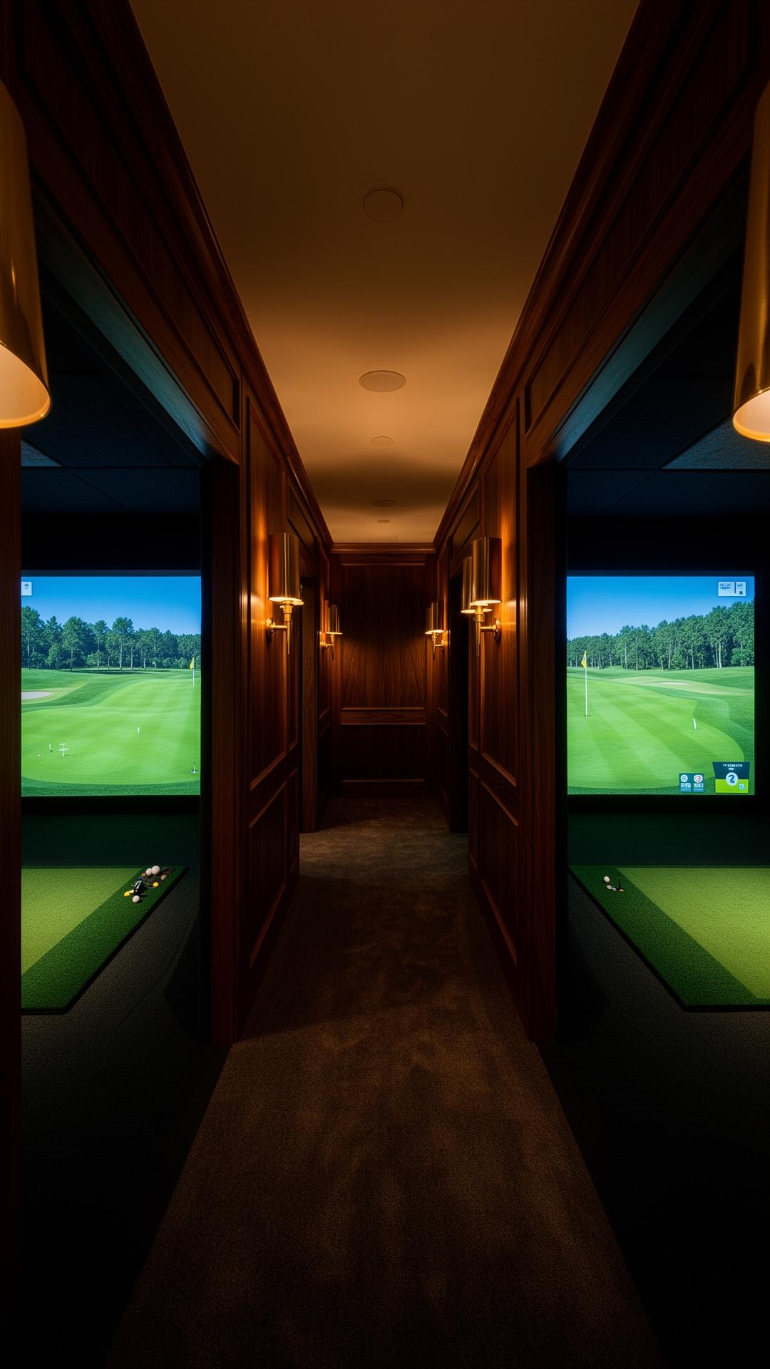 Walnut-paneled hallway between two simulator bays