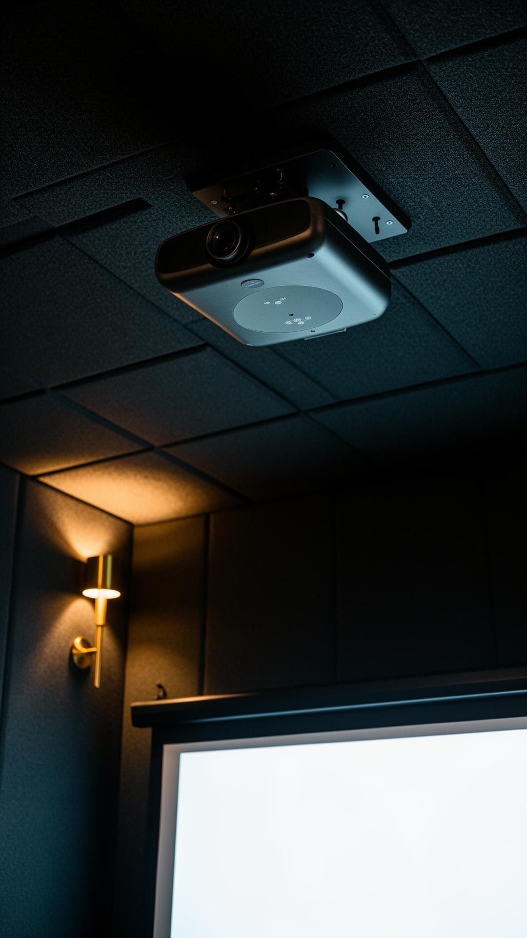 Ceiling-mounted overhead launch monitor above the screen